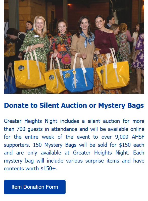 Heights Happenings May 28, 2025 - Donate to Silent Auction or Mystery Bags